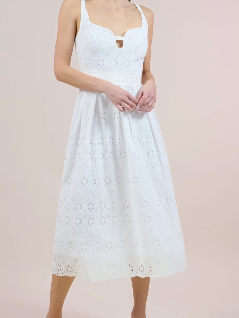 O.P.T. Tomi White Eyelet Midi Dress with Scalloped Details